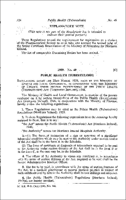 The Public Health (Tuberculosis) Regulations (Northern Ireland) 1959