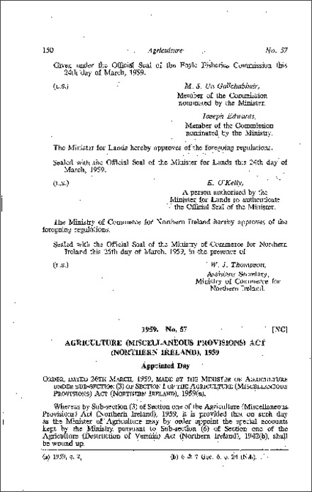The Order appointing date on which certain special accounts shall be wound up (Northern Ireland) 1959