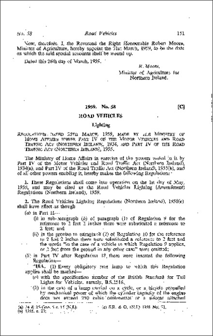 The Road Vehicles Lighting (Amendment) Regulations (Northern Ireland) 1959