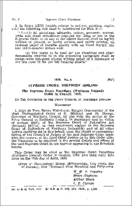 The Supreme Court Vacations (Northern Ireland) Order in Council (Northern Ireland) 1959
