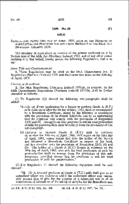 The Milk (Amendment No. 2) Regulations (Northern Ireland) 1959