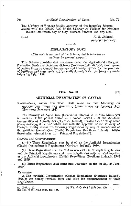 The Artificial Insemination (Cattle) (Amendment) Regulations (Northern Ireland) 1959
