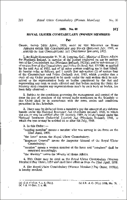 The Royal Ulster Constabulary (Women Members) Pay Order (Northern Ireland) 1959