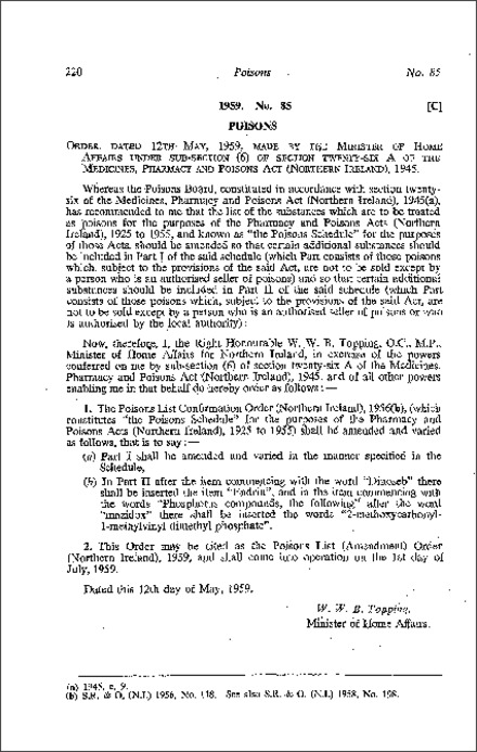 The Poisons List (Amendment) Order (Northern Ireland) 1959