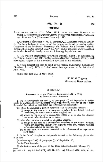 The Poisons (Amendment) Regulations (Northern Ireland) 1959