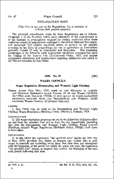 The Dressmaking and Women's Light Clothing Wages Regulations (Holidays) Order (Northern Ireland) 1959