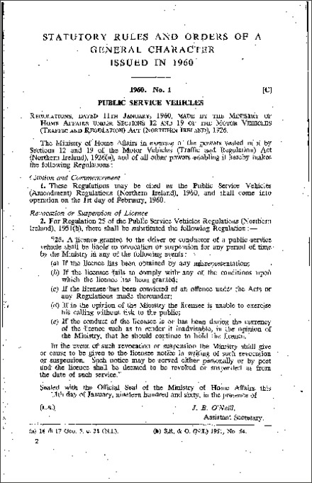 The Public Service Vehicles (Amendment) Regulations (Northern Ireland) 1960