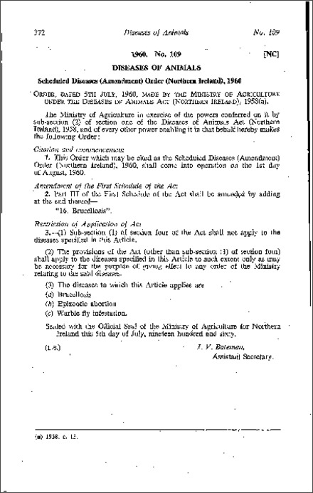The Scheduled Diseases (Amendment) Order (Northern Ireland) 1960