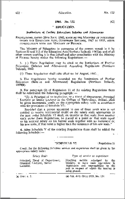 The Institutions of Further Education (Salaries and Allowances) Amendment Regulations (Northern Ireland) 1960