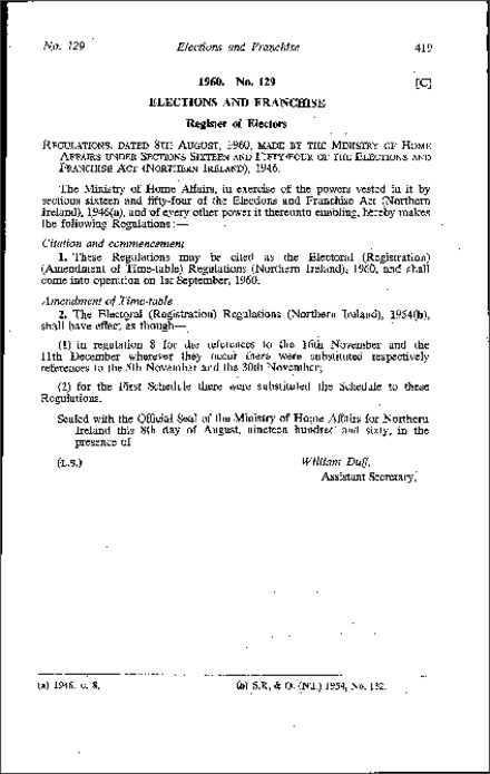 The Electoral (Registration) (Amendment of Time-table) Regulations (Northern Ireland) 1960