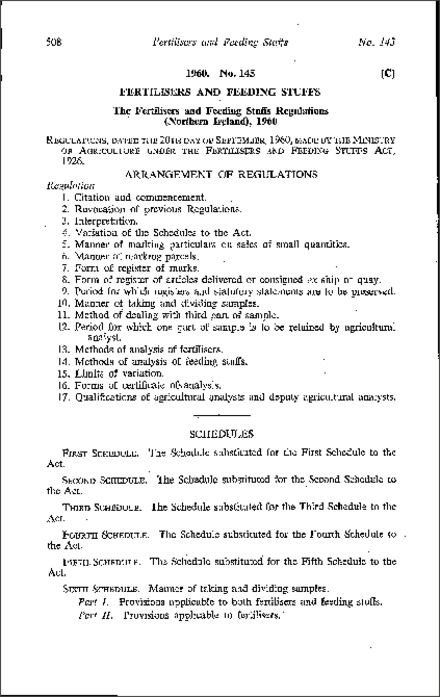 The Fertilisers and Feeding Stuffs Regulations (Northern Ireland) 1960