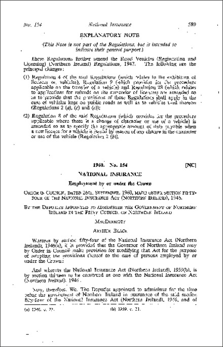 The National Insurance (Employment by or under the CRecordn) Order (Northern Ireland) 1960