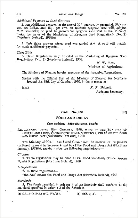 The Food Standards (Miscellaneous Foods) Regulations (Northern Ireland) 1960