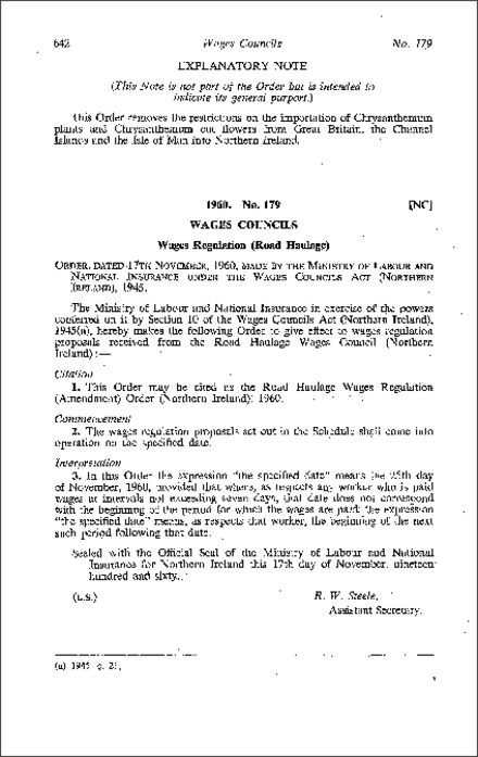 The Road Haulage Wages Regulations (Amendment) Order (Northern Ireland) 1960