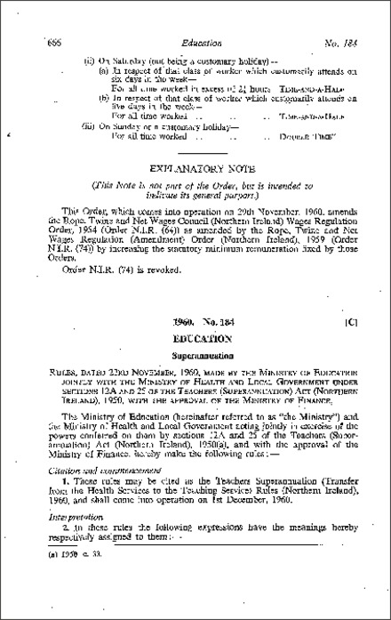 The Teachers Superannuation (Transfer from the Health Services to the Teaching Service) Rules (Northern Ireland) 1960