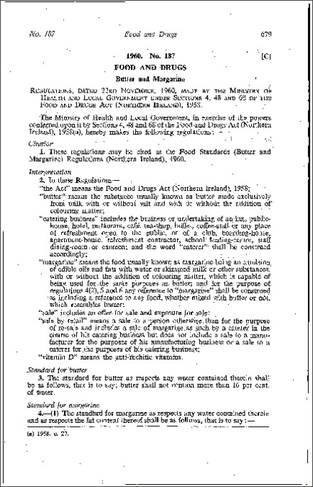 The Food Standards (Butter and Margarine) Regulations (Northern Ireland) 1960