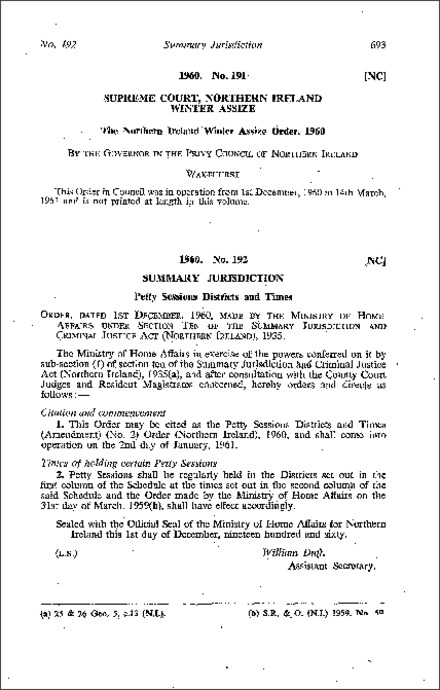 The Petty Sessions Districts and Times (Amendment) (No. 2) Order (Northern Ireland) 1960
