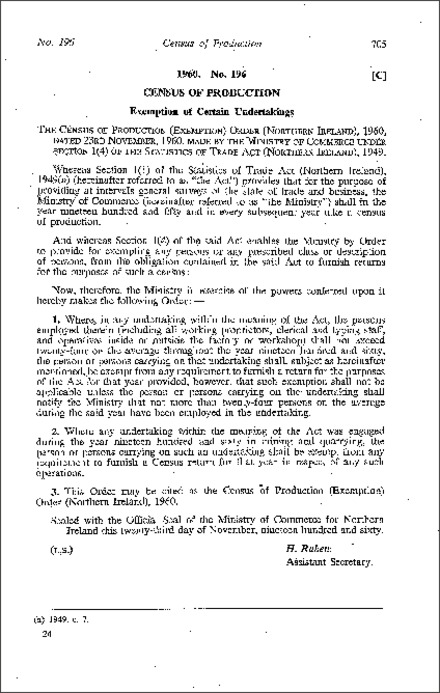 The Census of Production (Exemption) Order (Northern Ireland) 1960