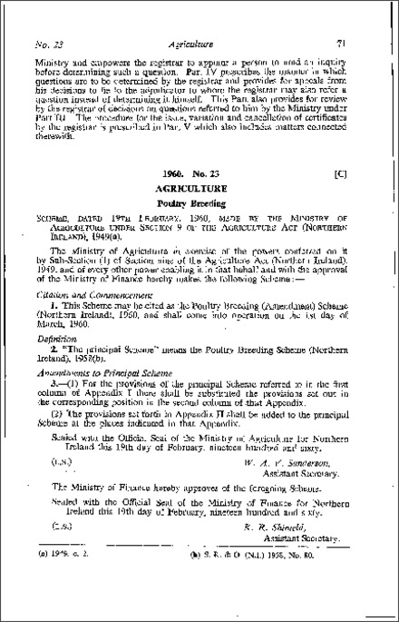 The Poultry Breeding (Amendment) Scheme (Northern Ireland) 1960