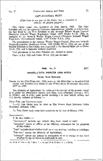 The Potato Records Eelworm Order (Northern Ireland) 1960