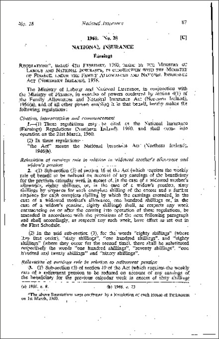 The National Insurance (Earnings) Regulations (Northern Ireland) 1960