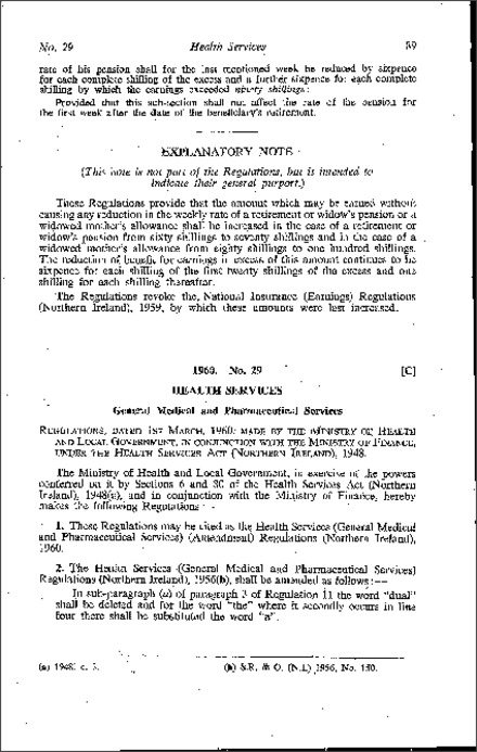 The Health Services (General Medical and Pharmaceutical Services) (Amendment) Regulations (Northern Ireland) 1960