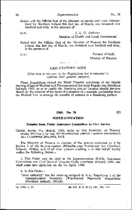 The Superannuation (Public Assistance Committees and Civil Service) Transfer Order (Northern Ireland) 1960