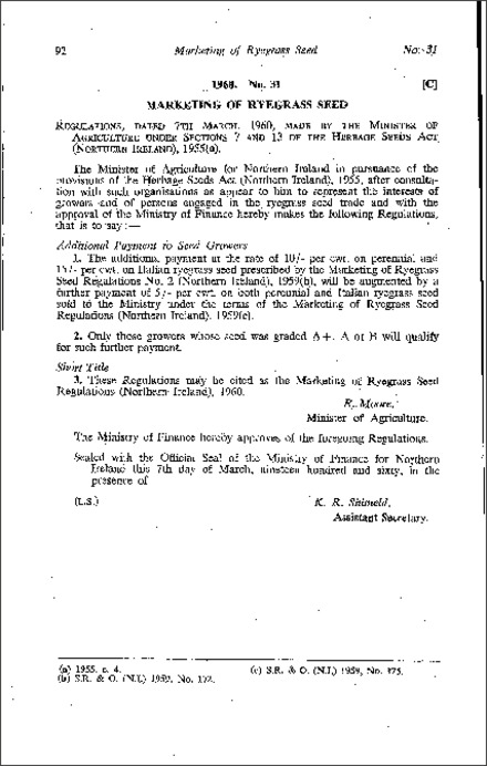 The Marketing of Ryegrass Seed Regulations (Northern Ireland) 1960