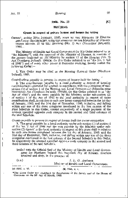 The Housing (Grants) Order (Northern Ireland) 1960