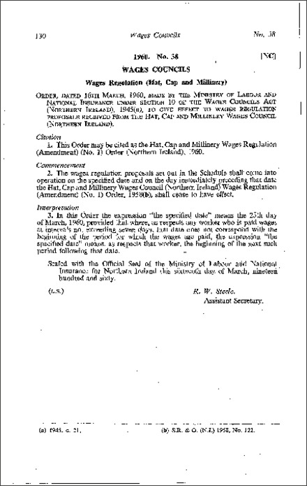 The Hat, Cap and Millinery Wages Regulations (Amendment) (No. 1) Order (Northern Ireland) 1960