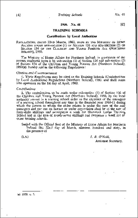 The Training Schools (Contributions by Local Authorities) Regulations (Northern Ireland) 1960