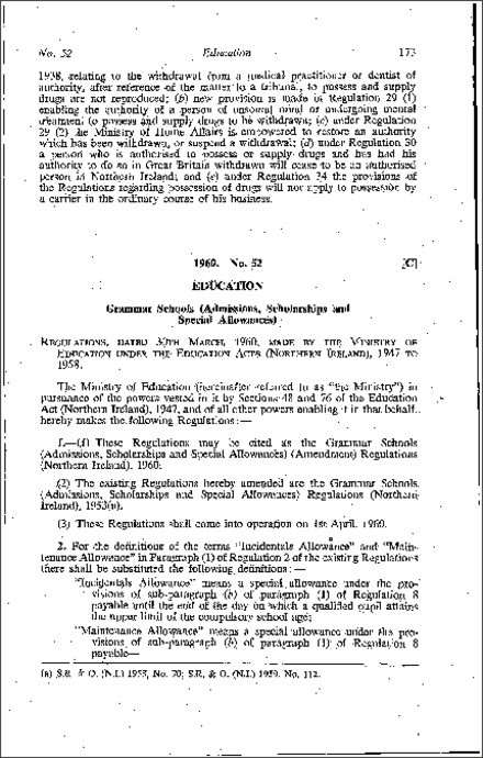 The Grammar Schools (Admissions, Scholarships and Special Allowances) (Amendment) Regulations (Northern Ireland) 1960