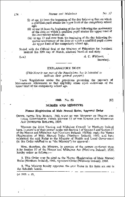 The Nurses (Registration of Male Nurses) Rules (Northern Ireland) 1960 Approval Order (Northern Ireland) 1960