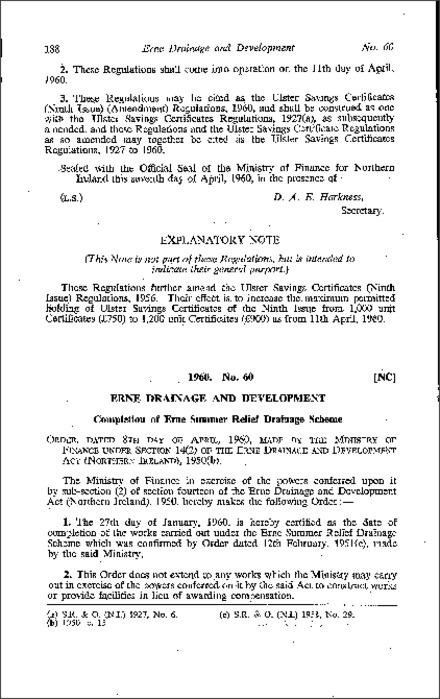 The Erne Drainage and Development (Completion of Summer Relief Drainage Scheme) Order (Northern Ireland) 1960