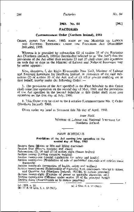 The Factories (Commencement No. 1) Order (Northern Ireland) 1960