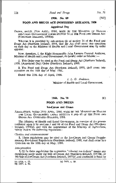 The Ice-Cream and Cream (Supplementary Provisions) Regulations (Northern Ireland) 1960