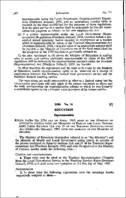The Teachers Superannuation (Transfer from the Local Government Service to the Teaching Service) Rules (Northern Ireland) 1960