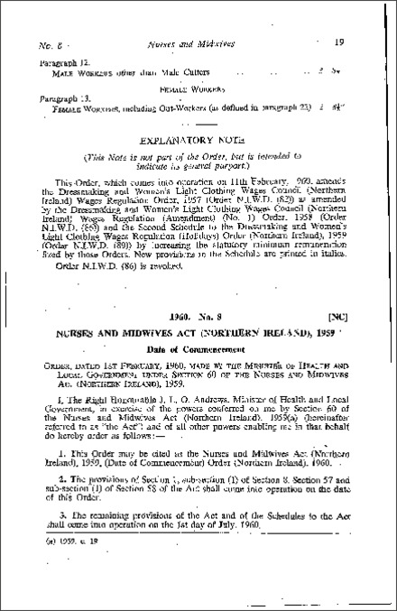 The Nurses and Midwives Act (Northern Ireland) 1959 (Date of Commencement) Order (Northern Ireland) 1960