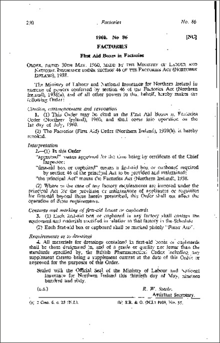 The First Aid Boxes in Factories Order (Northern Ireland) 1960