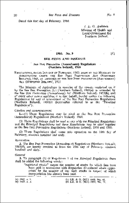 The Bee Pest Prevention (Amendment) Regulations (Northern Ireland) 1960