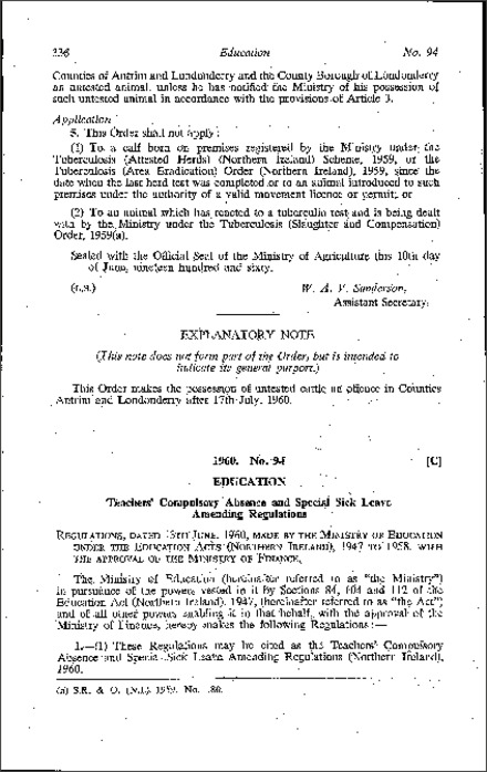 The Teachers' Compulsory Absence and Special Sick Leave Amendment Regulations (Northern Ireland) 1960