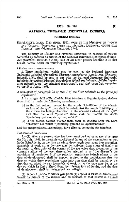 The National Insurance (Industrial Injuries) Prescribed Diseases Amendment Regulations (Northern Ireland) 1961