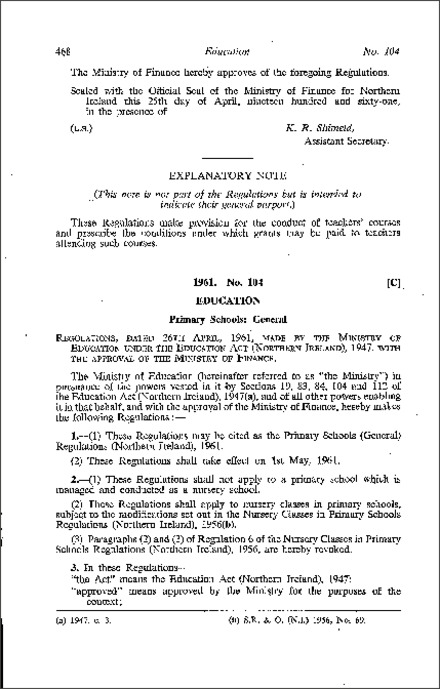 The Primary Schools (General) Regulations (Northern Ireland) 1961