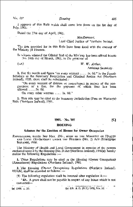 The Housing (Owner Occupation) (Amendment) Regulations (Northern Ireland) 1961