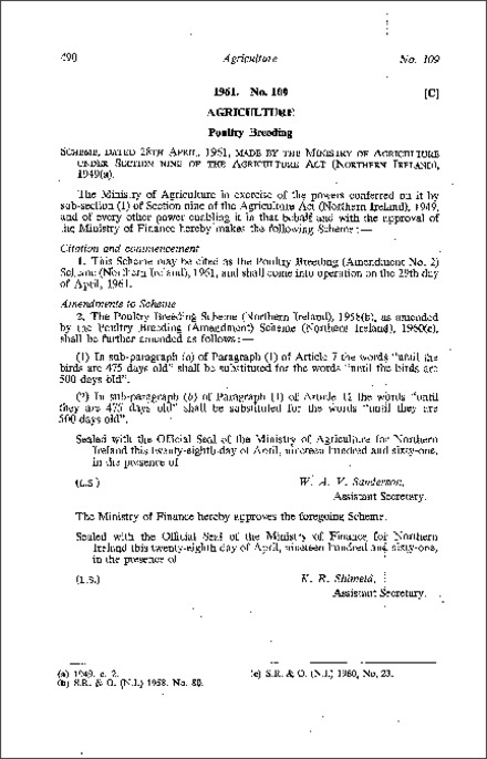 The Poultry Breeding (Amendment No. 2) Scheme (Northern Ireland) 1961