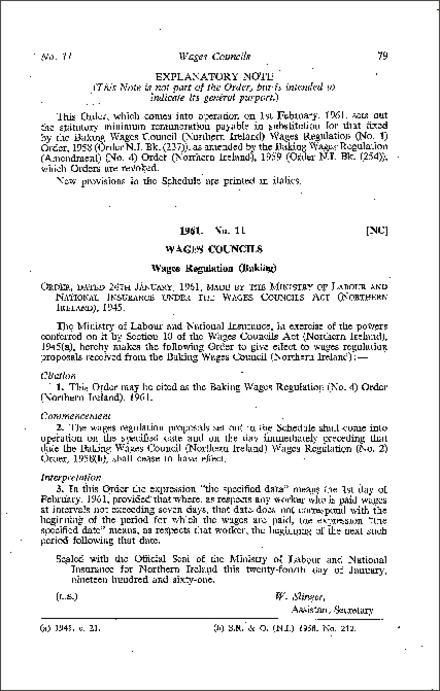 The Baking Wages Regulations (No. 4) Order (Northern Ireland) 1961