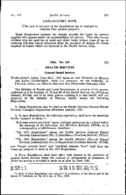 The Health Services (General Dental Services) (Charges) Regulations (Northern Ireland) 1961