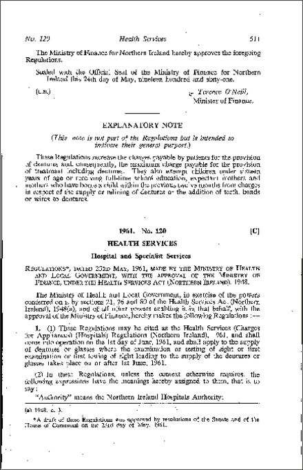 The Health Services (Charges for Appliances) (Hospitals) Regulations (Northern Ireland) 1961