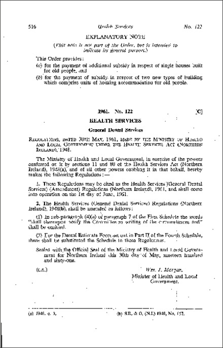 The Health Services (General Dental Services) (Amendment) Regulations (Northern Ireland) 1961