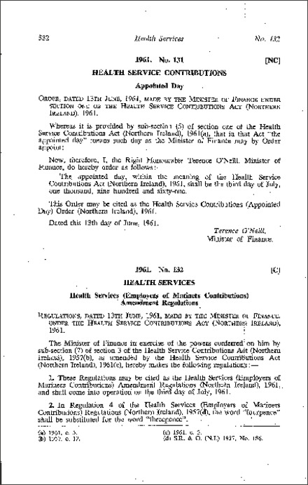 The Health Services (Employers of Mariners Contributions) Amendment Regulations (Northern Ireland) 1961
